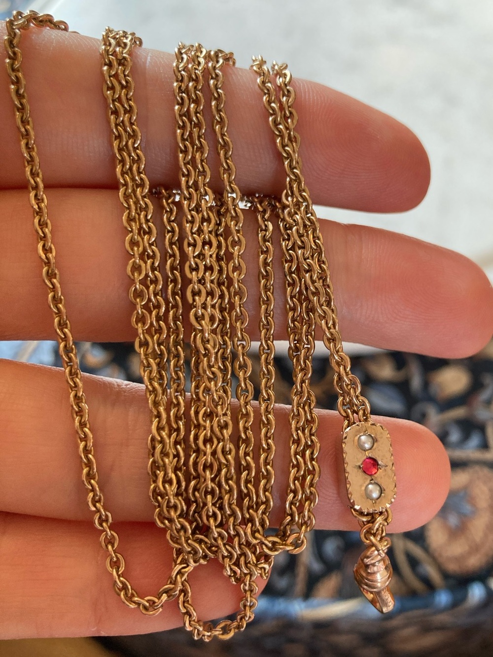 Antique Victorian Ruby Paste Seed Pearl Rolled Gold Watch Chain Necklace Signed